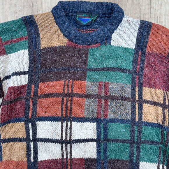 VTG Etchings Sweater Pullover Crew Neck Knit Wool Chunky Thick Retro Patchwork - Picture 3 of 8